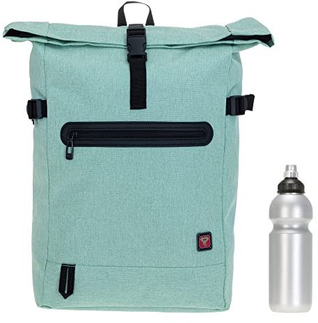 Elephant Rucksack Daypack Herren Damen AllDay A4 Large Laptop Tasche Geheimfach Freizeitrucksack Kurierrucksack Fahrrad Roll-Top Bag 12962 + Flasche (Mint Pastell (Grün))