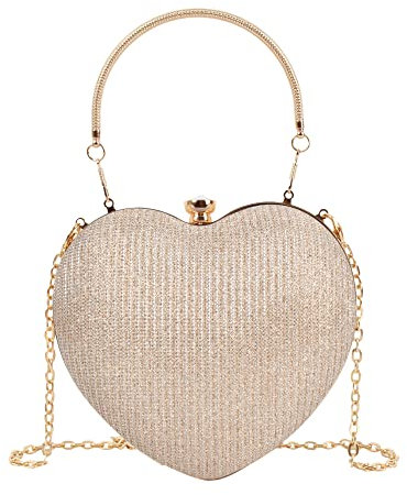 MEGAUK Herz Umhängetasche Heart-Shaped Handtasche Braut Kleid Kleine Abendtasche Elegant Schultertasche Henkel Clutch mit Zusatzkette für Prom Party Hochzeit (07438 Gold)