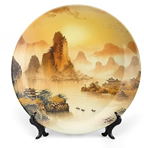 Gokays Piatti decorativi da appendere alla parete, antico paesaggio di montagna cinese dipinto a inchiostro, piastra in ceramica, piastra oscillante con espositore per la casa, decorazione per mobili