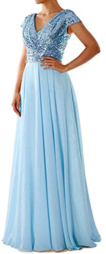 Onsoyours Damen Maxikleid Brautjungfer Neckholder Pailletten Verziert Abschlussball Hochzeit Dleider Bridesmaid Dress N Hellblau 48