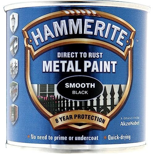 AMK® Hammerite Metal Paint Smooth Black 250ml Direct To Rust Protective Coating Exterior Interior Finish Quick Drying Long Lasting Weather Resistant Anti Corrosion Durable Metalwork Restoration DIY