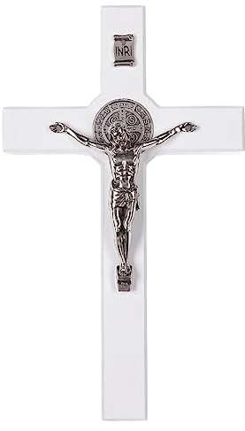Drewniane Krzyże Hängendes Kreuz des Heiligen Benedikt mit Passionskreuz aus Buchenholz Wandkreuz (Weiß, 18x10x1,8cm)