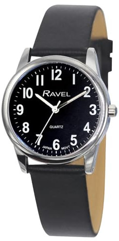 Ravel Plus - Extra Long Life Herren-Alltagsuhr mit Mikrofaser-Lederarmband - Analog Quarz (Japanisch) - RP003M - Schwarz/Silberton/Schwarzes Zifferblatt