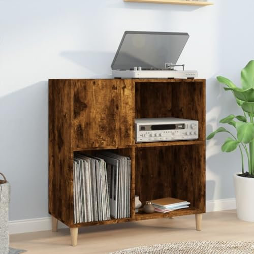 Prissent Meuble à disques en chêne fumé – Étagère à bibliothèque multifonction pour CD et vinyles – Meuble étroit pour TV et salon – 84,5 x 38 x 89 cm en bois multicouche