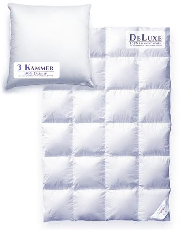 Aura® Luxus Set Daunendecke & Kissen Set | 135 x 200 cm extra warm + 80 x 80 cm medium 3 Kammern Kissen | Deluxe 100% Gänsendaunen, ungarische Klasse I | Oeko-TEX Winterdecke
