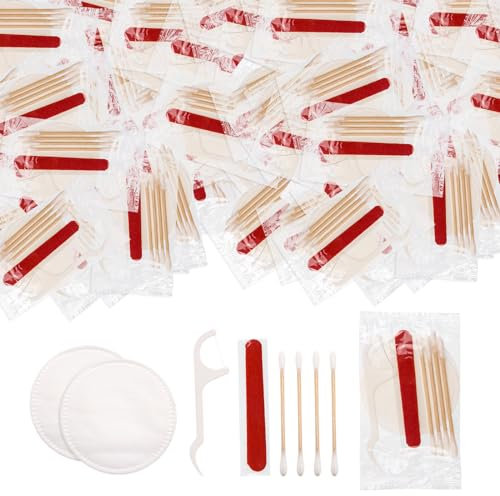 LLHQAMT Hotel Vanity Set, Hotelbedarf Toilettenartikel einzeln verpackt, Hotel Vanity Kit mit Wattepads, Wattestäbchen, Zahnseide und Nagelfeile (100 Stück)