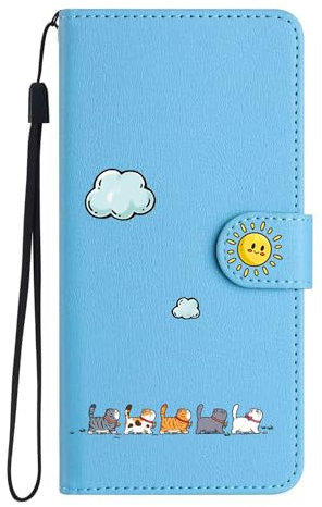 Jeffene Wallet Case for iPhone 13(6.1 inch) with Card Holder,Shockproof Protective Magnetic Flip Case for Women Cover with Kickstand,Cute Cats PU Leather with [Lanyard Strap][TPU Inner Shell],Blue
