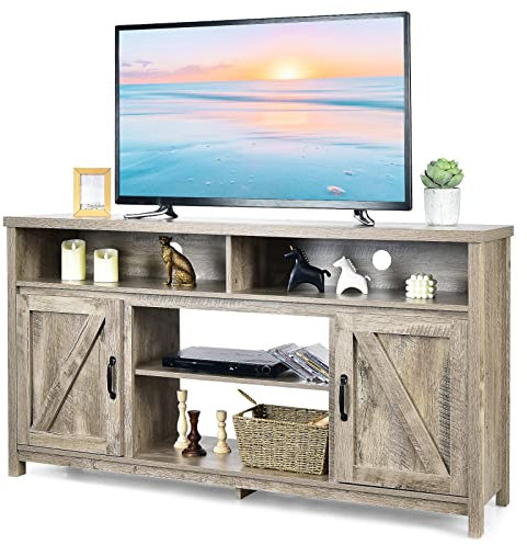 COSTWAY TV Stand for TVs up to 65, Wooden TV Cabinet Media Entertainment Center with Barn Doors and Adjustable Shelves, Living Room Bedroom TV Unit Console Table for 25 Electric Fireplace (Natural)
