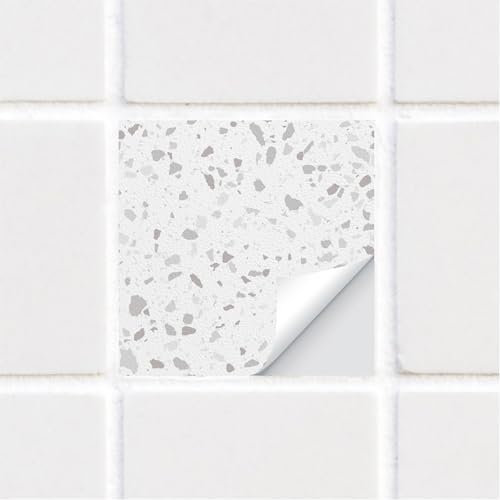 funlife 10 PCS 15X15cm Self-Adhesive Tile Stickers, Textured Vinyl Stick on Tiles, Backsplash Wall Art Decal for Kitchen DIY Decoration, White Terrazzo