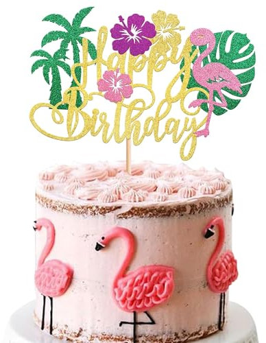 Xsstarmi 1 Pack Flamingo Happy Birthday Cake Topper Glitter Flamingo Palm Tree Turtle Leaf Flower Cake Pick for Tropical Hawaiian Luau Baby Shower kids Birthday Party Cake Decorations Supplies Gold