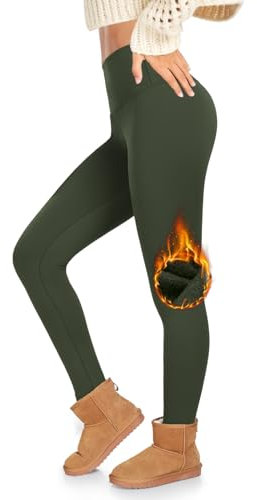 ACTINPUT Thermal Leggings Women High Waisted Thick Fleece Lined Leggings Long Winter Warm Stretchy Leggings Tights Green(Army Green)