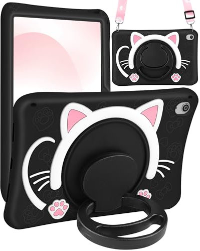 SurgeCraft Custodia per iPad Air 11 pollici M2 2024 Cute Black Cat Girls Cover Kawaii Girly Donne con Cinturino e Maniglia Stand Cover in Silicone Morbido per iPad Air M2 Custodia