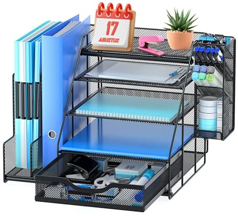 Organiseur de Bureau Avec Supports Verticaux Dossiers, Rangement Bureau Courrier à 5 Niveaux En Maille Avec Porte-Stylo Suspendu et Tiroirs, Fournitures et Accessoires Multifonctions Pour Bureau,Ecole