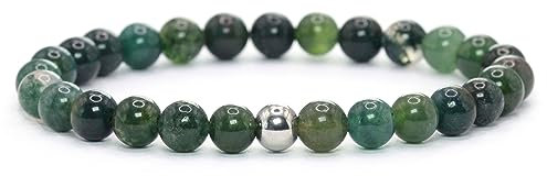 Echtes Moosachat Edelstein Armband mit 6mm Perlen - verschiedene Längen - Heilstein Schutzstein Talisman Glücksbringer Geschenk (Moosachat, 18CM)