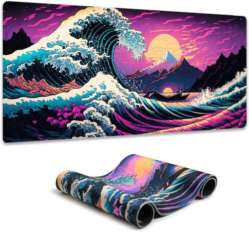Simpkeely Large Japanese Sea Wave Gaming Mouse Pad - Blacklight Kanagawa Waterproof Desk Mat, 31.5 x 11.8 Extended Non-Slip Rubber Base, Office & Home Computer Keyboard Pad - 80 x 30 cm