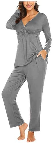 NaLatia Ensemble de Pyjama Maternité Coton Pyjama de maternité Couleur Unie Longue Vêtements de Nuit Grossesse Pyjama Chaud Allaitement