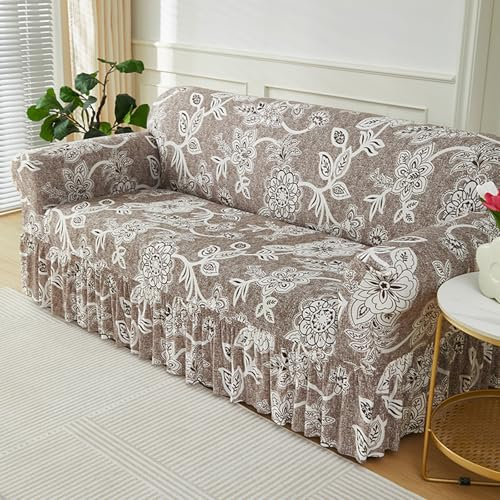 Hiseng Stretch Sofa Überzug Mit Saum, Retro-Blume Muster Sofabezug 1-4 Sitzer Couch Überzug Waschbar Universal Sofa Cover Sofaschoner für Haustiere Und Kind (Helles Cafe,2-Sitzer)