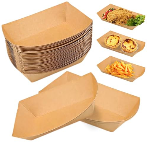 MEGYAD 100 Stück Pappteller Snackschalen: Currywurst Schale Pommes Schalen Pommesschale Aus Kraftpapier, Schiffchen Snackschalen für Sushi, Pommes, Hochzeit, Geburtstag, Grillparty (18x12x2.5cm)
