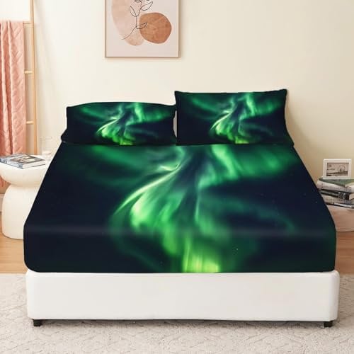 Spannbettlaken Abstrakte Formen Nordlichter 140 x 200 cm Soft Dekorativer Stoff Bettwäsche Rund-um Elastischer Gummizug Grün Kinder Jungen MädchenBedrucktes Spannbettlaken für