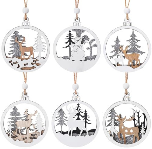 YUXIANLB 6 Teiliges Set Mit Christbaumschmuck Aus Holz Rustikaler Weihnachtsschmuck Weihnachtsbaumschmuck Im Waldstil Hängende Ornamente 3D Rund Hohl Rentier Weihnachtsschmuck Weihnachtsgesch