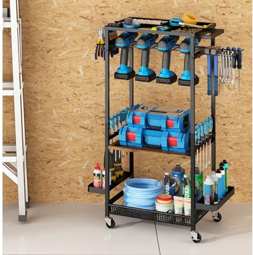 GILLAS Garden Tool Organizer with 2 Tier Shelf for Garage, Utility Storage Racks Up to 30 Tools, Metal Yard Tool Stand Holder Organizer for Long-Handled, Sturdy Heavy Rack for Outdoor, Storage Racks