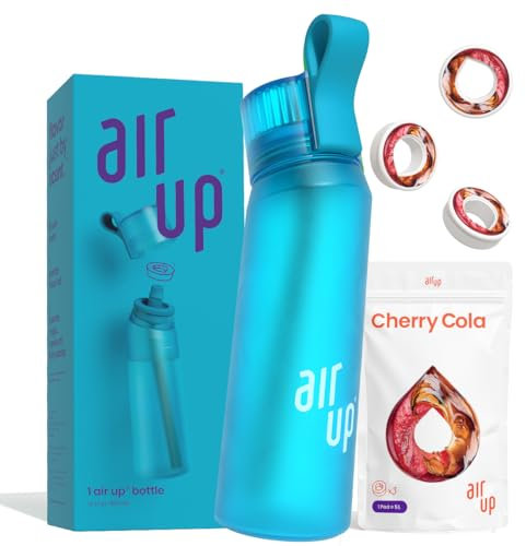 air up® - Borraccia per l'acqua (650 ml) + 3 capsule air up gusto Cherry Cola, capsule senza zucchero per borraccia dell'acqua con cannuccia, per acqua aromatizzata, blu oceano