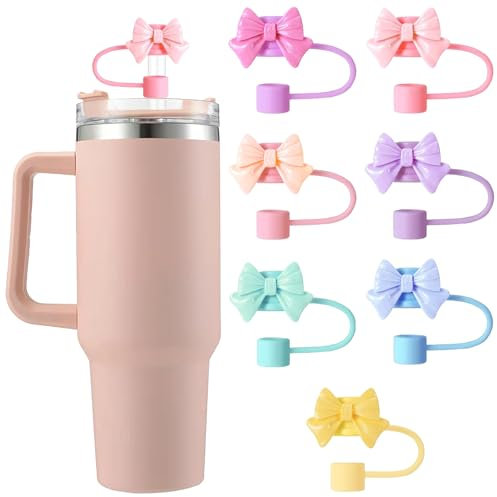 7PCS Stanley Cup Accessories Silicone Straw Caps Reusable Straw Tips Protectors Colourful Bow Dust-Proof Straw Toppers Drinking Straw Tip Covers for Stanley Cups 8mm
