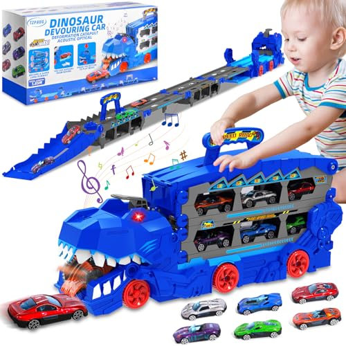 Camion de Transport Dinosaure, Voiture Jouet Portable Dinosaur Truck,Camion de Course Pliable Double Couche avec 6 Voitures de Course,Transporteur Voiture Jouet Set, Cadeau pour 3 4 5 6 Ans Garcon
