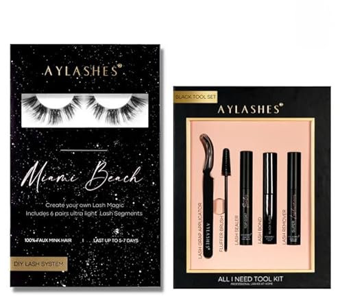 AYLASHES - DIY Wimpernextensions Starter Set MIAMI BEACH | 6 Paar Wimpern, Applikator, Wimpernkleber, Top Coat Sealer schwarz, Lash Remover | Wimpern DIY Set für zu Hause | bis zu 7 Tage Halt
