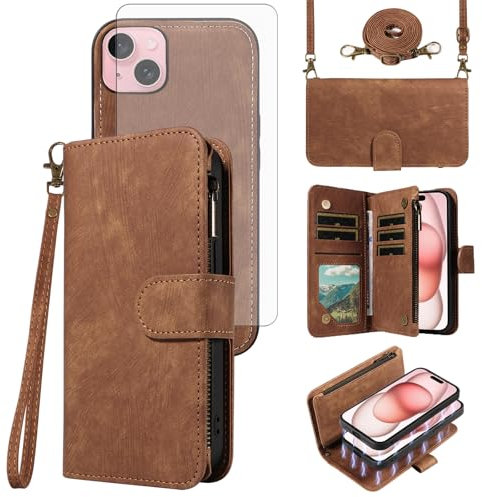 Asuwish Phone Case for iPhone 15 6.1 inch Zipper Wallet Detachable Magnetic Cover with Tempered Glass Screen Protector Crossbody Lanyard Strap Flip Card Holder Slot i Phone15 i15 15Case Women Brown