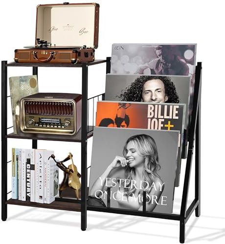 Aiorber Plattenspieler Schallplattenständer mit 3-stufiger Vinyl Schallplatten Lagerung Schallplatten Aufbewahrung,Vinyl Plattenspieler Stand,Beistelltisch Holz für Wohnzimmer