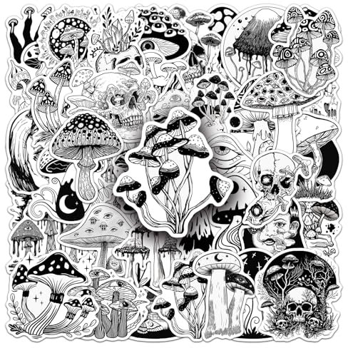 50 Pcs Black and White Gothic Mushrooms Stickers for Laptop Water Bottles,Bicycle,Skateboard,Computer,Gothic Style Decorative Stickers Waterproof Vinyl,Graffiti Stickers for Girls Boys Children