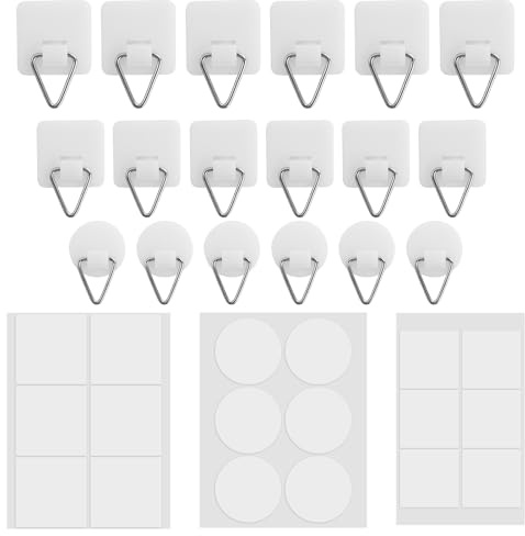 18 Pezzi Ganci Adesiv Quadri e Rotondo con Appendini Autoadesivi Bianchi,3 Forme Ganci Piatti parete,Ganci Autoadesivi Invisibili,Bianco Ganci adesivi,per immagini, puzzle
