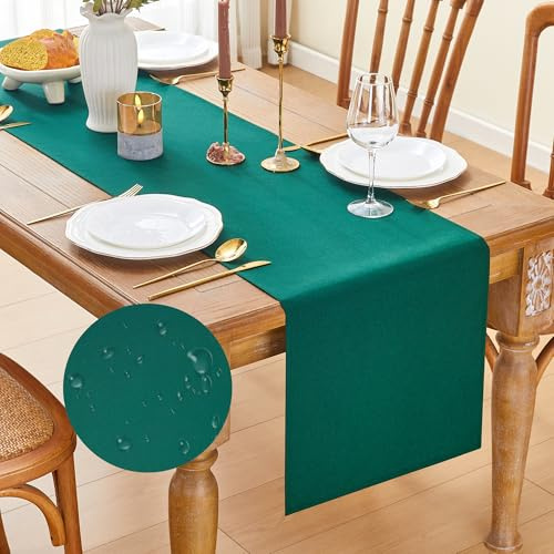 GUJOXILA Modern Tischläufer Dunkelgrün Weihnachten Wasserabweisend | Tischläufer Abwaschbar Leinenoptik Esstisch Tisch Dekoration für Hochzeiten Outdoor Drinnen Urlaub Party Dekor 40 x 180 cm