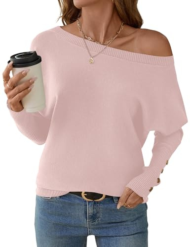 Micoson Schulterfreier Damen-Pullover, Herbst 2025, übergroßer Strick, lange Fledermausärmel, Häkelpullover