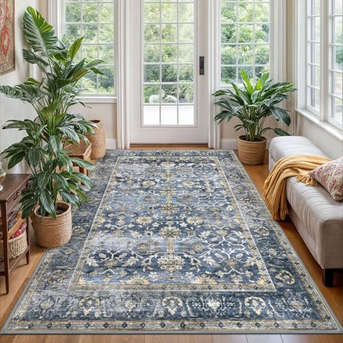 KUTA Vintage-Teppich, waschbar, traditioneller Bodenbezug, faltbar, ultradünn, weich, Retro-Akzent, für den Innenbereich, Used-Look, rutschfest, für Schlafzimmer, Wohnzimmer, Wohnheim, Büro, Blau