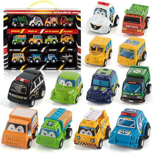 JWTRSVTY 12 Stück Mini Auto Spielzeug, Cars Spielzeugauto Set, Cars Cartoon Fahrzeug, Zurückziehen Stadtautos und Lastwagen Spielzeugfahrzeug Set, für Kleinkinder, Mädchen und Jungen Car Geschenk