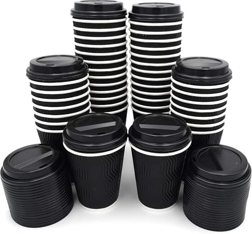 Black 8oz Disposable Coffee Cups with Reclosable Lids (50 Pack) | Triple Wall Ripple Paper | Stylish, Sleek, Durable & Insulated for Hot Drinks on The Go