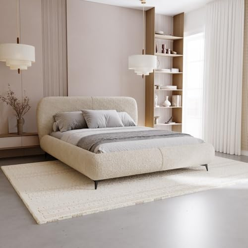 Chilly. Möbel Design Bett Kyoto Japandi - Polsterbett 200x200 mit Bettkasten, Lattenrost und Kopfteil – Eleganter Bouclé-Stoffbezug Beige