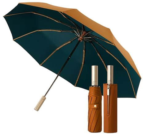 Golf Business Folding Travel Umbrella, Automatic Open/Close, Compact, High-Quality Gold Handle, Zip Cover, Portable, Rain/Sun, UPF 50+, UV Protection, Men/Women/Children, Backpack/Car, orange, 106cm