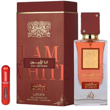 Lattafa Ana Abiyedh Scarlet Eau de Parfum, 100 ml, arabisches Parfüm für Damen, langanhaltend, inklusive nachfüllbarem Zerstäuber, süßer blumiger Duft mit Noten von Kirsche, Vanille und Rose (Ana