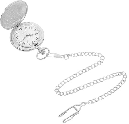 Vintage Taschenuhr mit Kette, Party, Weihnachten Mechanischer Handaufzug | Flip Cover mit Floraler Gravur, Anhängerdesign, Silberne Legierung, für Gürtel und Jackentasche, 1 Stück