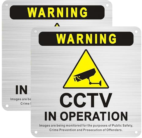 XxinXrong 2 Pack CCTV Warning Sign - 150x150mm Brushed Aluminium Security Sign with Self Adhesive & Pre-Drilled Holes for Indoor/Outdoor Use