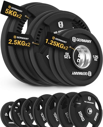 HQ Germany® Hantelscheiben 50mm [Tri-Grip Design] - Gewichte 1,25-25kg | 100% Gusseisenkern, PVC-Gummierung, drei ergonomische Griffe, ±3% kalibriert, Edelstahl-Hülse, auf 5.000 Drops getestet