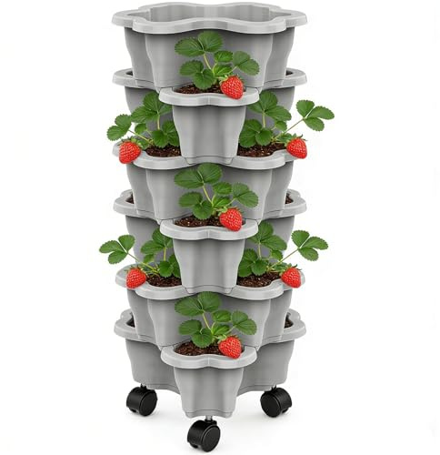 Whrcy Macetero Vertical con Ruedas,Torre De Macetero De Jardín Apilable Rodante para Interior, Exterior, Balcón, Patio, Bancal Elevado, Invernadero, Cultivar Fresas Y Flores,Ahorrador Espacio
