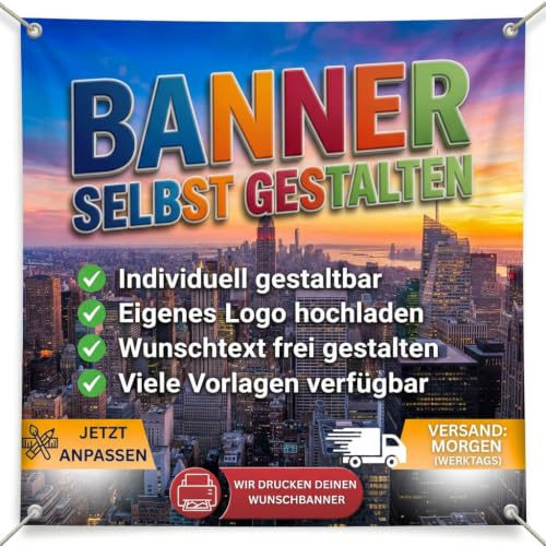 PVC Banner personalisiert – Werbebanner mit Wunschdruck, Foto, Logo & Text – Wetterfest & UV-beständig – Für Werbung, Baustelle, Messe, Geburtstag, Hochzeit & Events – Alle Formate