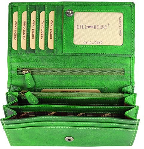 Hochwertige Vintage Leder Damen Geldbörse Portemonnaie langes Portmonee Geldbeutel aus weichem Leder mit RFID in grün - 17,5x10x3cm (B x H x T)