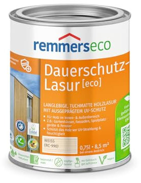 Remmers Lasure huile écologique Blanc, 0,75 litres, Lasure écologique aqueuse pour bois, protection longue durée pour intérieur et extérieur, durable, végane, sans danger pour les abeilles.
