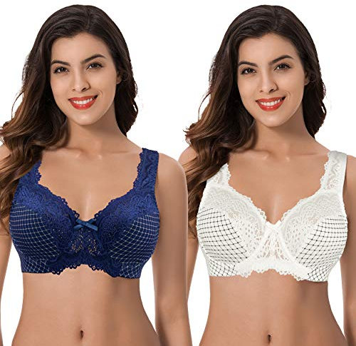 Curve Muse Women's Minimizer Unlined Underwire Bra with Lace Embroidery-2 Pack, Buttermilk Print,blue Print(2 Pack), 36C