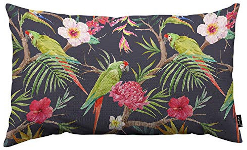 HOSNYE Kissenbezug mit tropischem Baum-Motiv, Blumen von Hibiskus, blühende Ingwer, Palmenblätter, Papageien, Ara und Tukan, Leinenstoff für Couch, Bett, Sofa, Auto, Taille Kissenbezug 30,5 x 50,8 cm